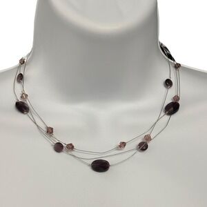Purple Beaded‎ Layered Necklace Silver Tone Chain Costume Jewelry Y2K